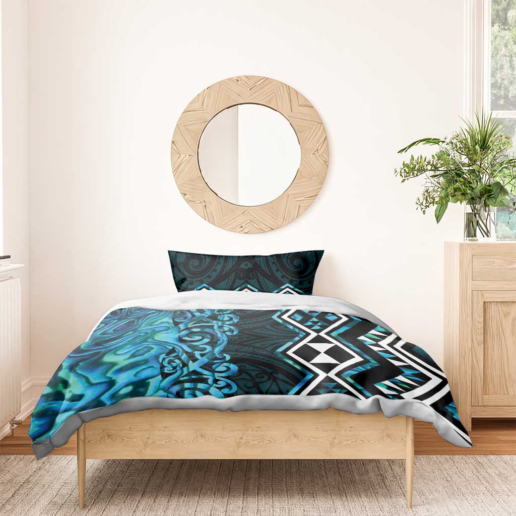 Turquoise Aotearoa Bedding Set Taniko Motifs With Paua Shell Kowhaiwhai - Vibe Hoodie Shop