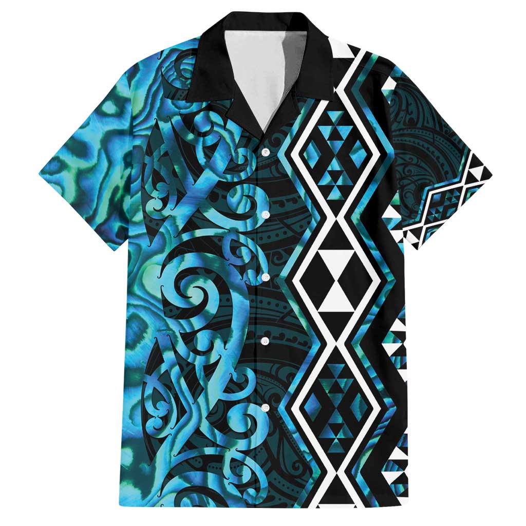 Turquoise Aotearoa Family Matching Long Sleeve Bodycon Dress and Hawaiian Shirt Taniko Motifs With Paua Shell Kowhaiwhai