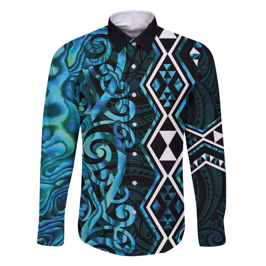 Turquoise Aotearoa Family Matching Long Sleeve Bodycon Dress and Hawaiian Shirt Taniko Motifs With Paua Shell Kowhaiwhai