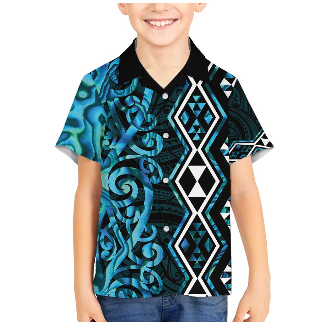 Turquoise Aotearoa Family Matching Mermaid Dress and Hawaiian Shirt Taniko Motifs With Paua Shell Kowhaiwhai