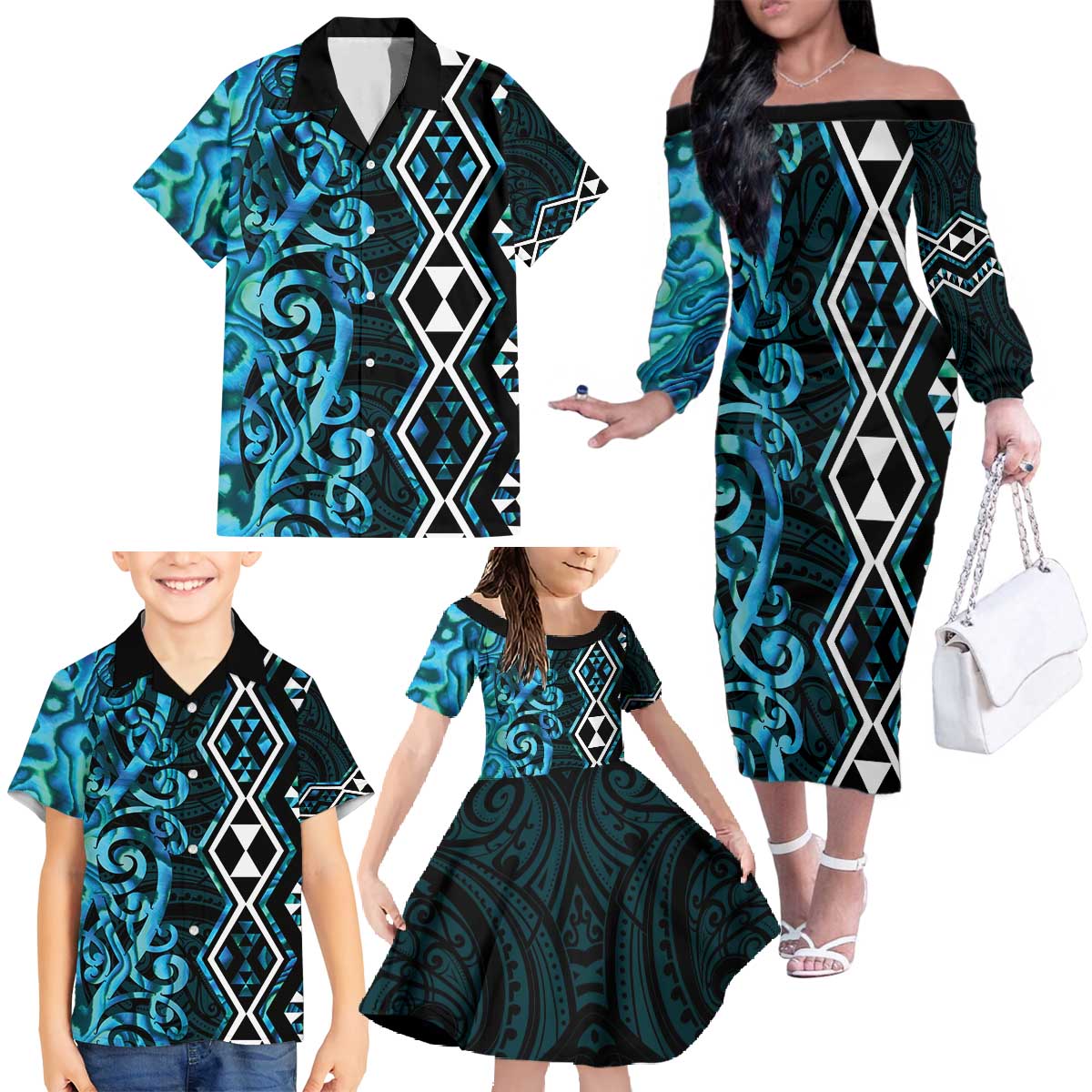 Turquoise Aotearoa Family Matching Off The Shoulder Long Sleeve Dress and Hawaiian Shirt Taniko Motifs With Paua Shell Kowhaiwhai