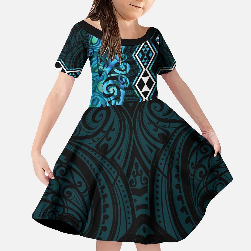 Turquoise Aotearoa Family Matching Off Shoulder Maxi Dress and Hawaiian Shirt Taniko Motifs With Paua Shell Kowhaiwhai