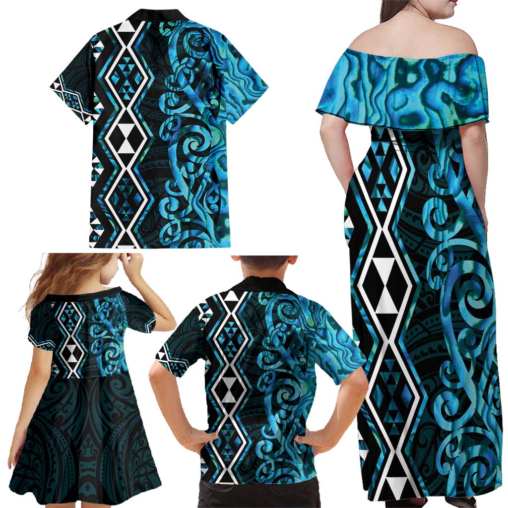 Turquoise Aotearoa Family Matching Off Shoulder Maxi Dress and Hawaiian Shirt Taniko Motifs With Paua Shell Kowhaiwhai