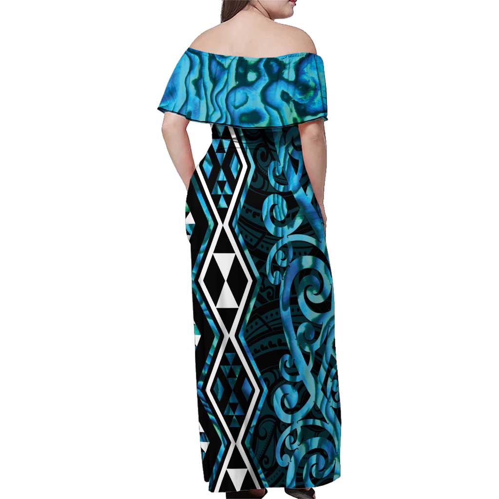 Turquoise Aotearoa Family Matching Off Shoulder Maxi Dress and Hawaiian Shirt Taniko Motifs With Paua Shell Kowhaiwhai