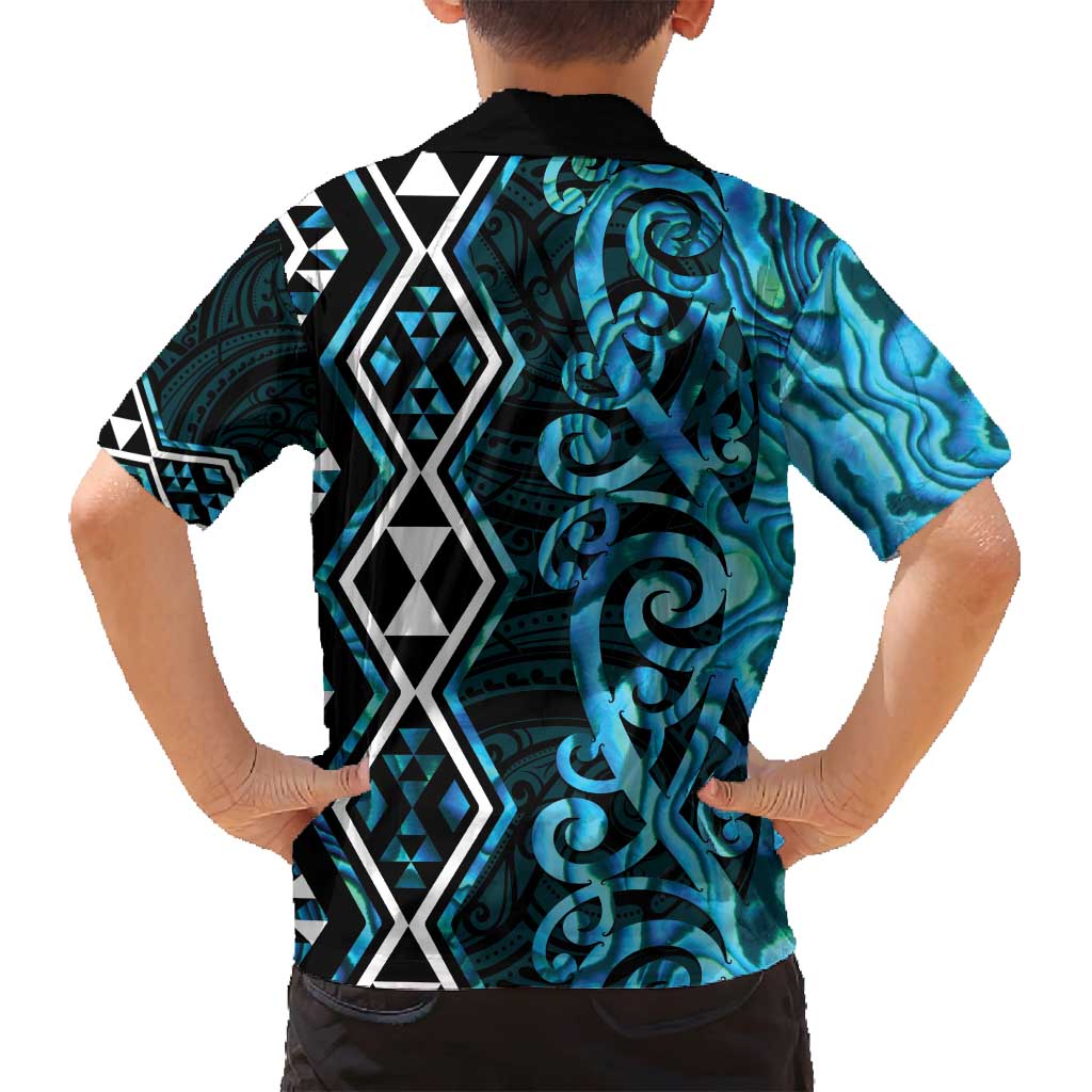 Turquoise Aotearoa Family Matching Off Shoulder Short Dress and Hawaiian Shirt Taniko Motifs With Paua Shell Kowhaiwhai