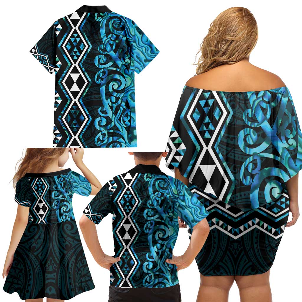 Turquoise Aotearoa Family Matching Off Shoulder Short Dress and Hawaiian Shirt Taniko Motifs With Paua Shell Kowhaiwhai