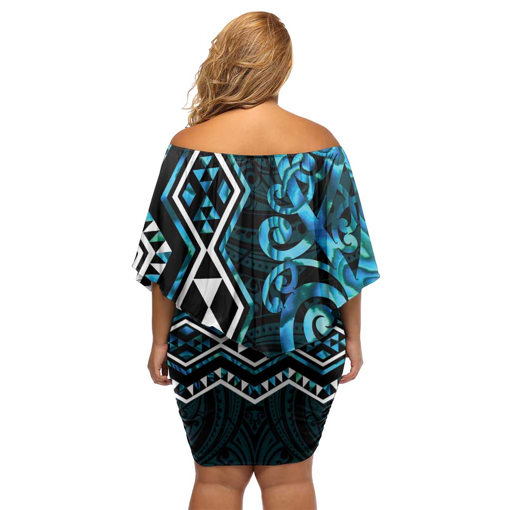 Turquoise Aotearoa Family Matching Off Shoulder Short Dress and Hawaiian Shirt Taniko Motifs With Paua Shell Kowhaiwhai