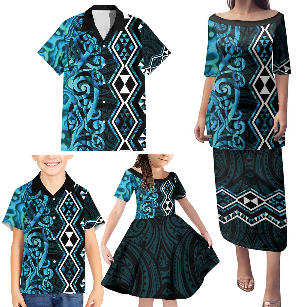 Turquoise Aotearoa Family Matching Puletasi and Hawaiian Shirt Taniko Motifs With Paua Shell Kowhaiwhai