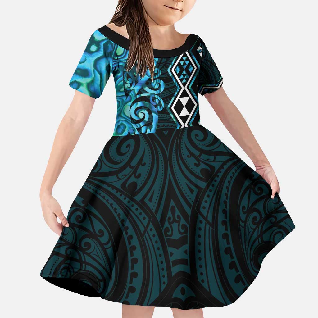 Turquoise Aotearoa Family Matching Short Sleeve Bodycon Dress and Hawaiian Shirt Taniko Motifs With Paua Shell Kowhaiwhai