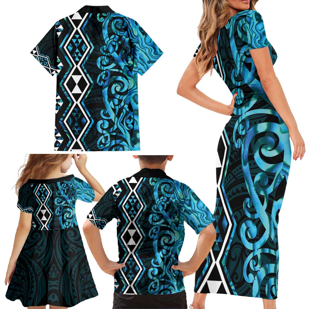 Turquoise Aotearoa Family Matching Short Sleeve Bodycon Dress and Hawaiian Shirt Taniko Motifs With Paua Shell Kowhaiwhai