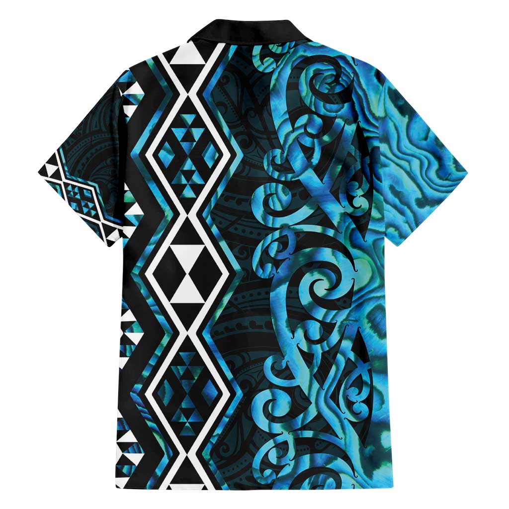 Turquoise Aotearoa Family Matching Short Sleeve Bodycon Dress and Hawaiian Shirt Taniko Motifs With Paua Shell Kowhaiwhai