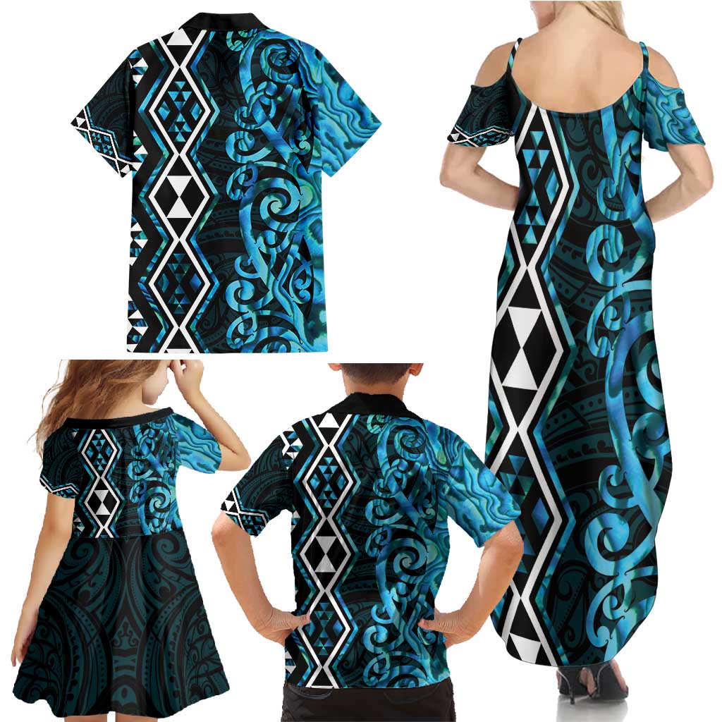 Turquoise Aotearoa Family Matching Summer Maxi Dress and Hawaiian Shirt Taniko Motifs With Paua Shell Kowhaiwhai