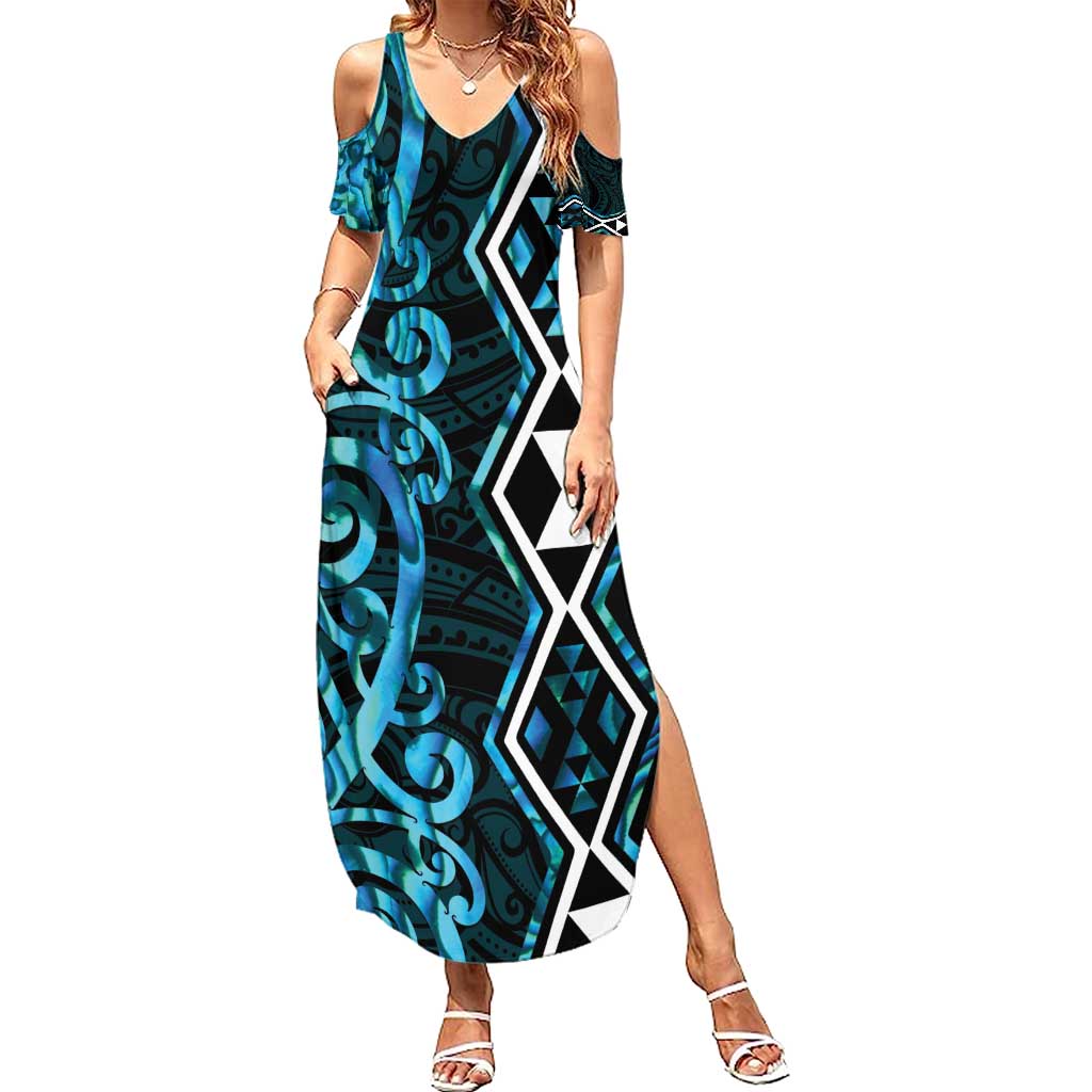 Turquoise Aotearoa Family Matching Summer Maxi Dress and Hawaiian Shirt Taniko Motifs With Paua Shell Kowhaiwhai