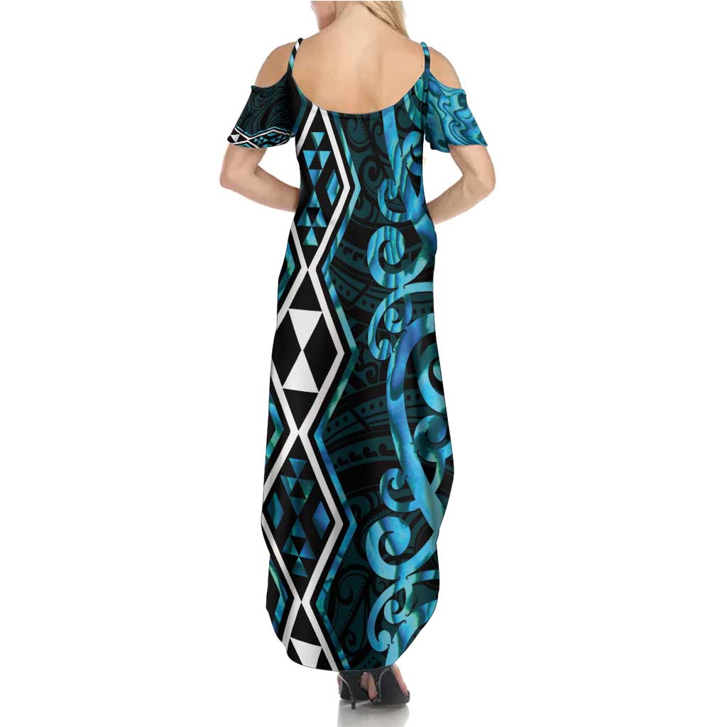 Turquoise Aotearoa Family Matching Summer Maxi Dress and Hawaiian Shirt Taniko Motifs With Paua Shell Kowhaiwhai