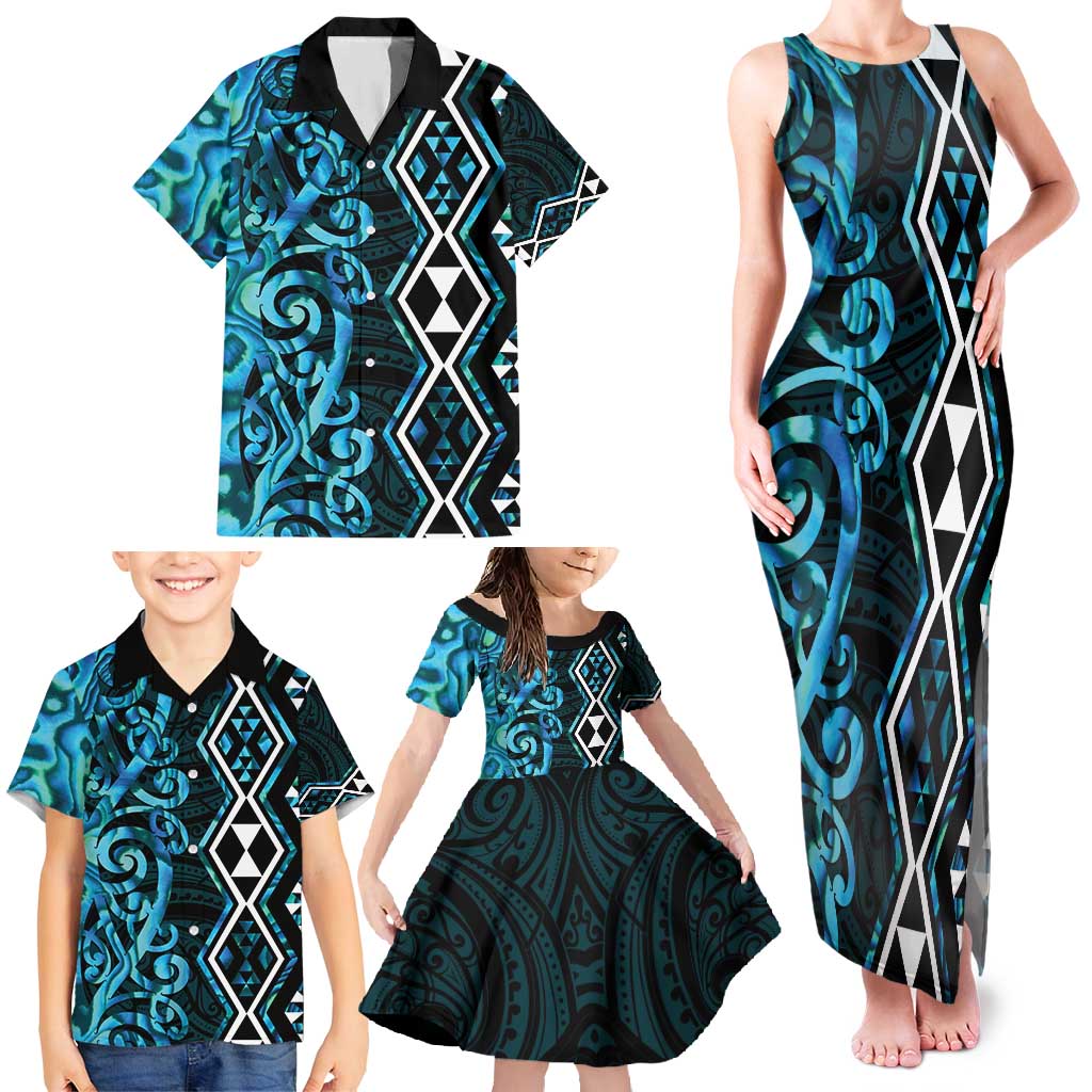 Turquoise Aotearoa Family Matching Tank Maxi Dress and Hawaiian Shirt Taniko Motifs With Paua Shell Kowhaiwhai