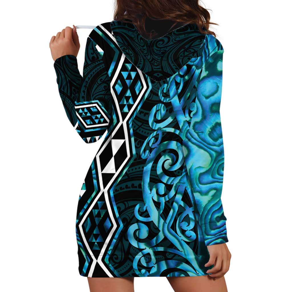 Turquoise Aotearoa Hoodie Dress Taniko Motifs With Paua Shell Kowhaiwhai - Vibe Hoodie Shop