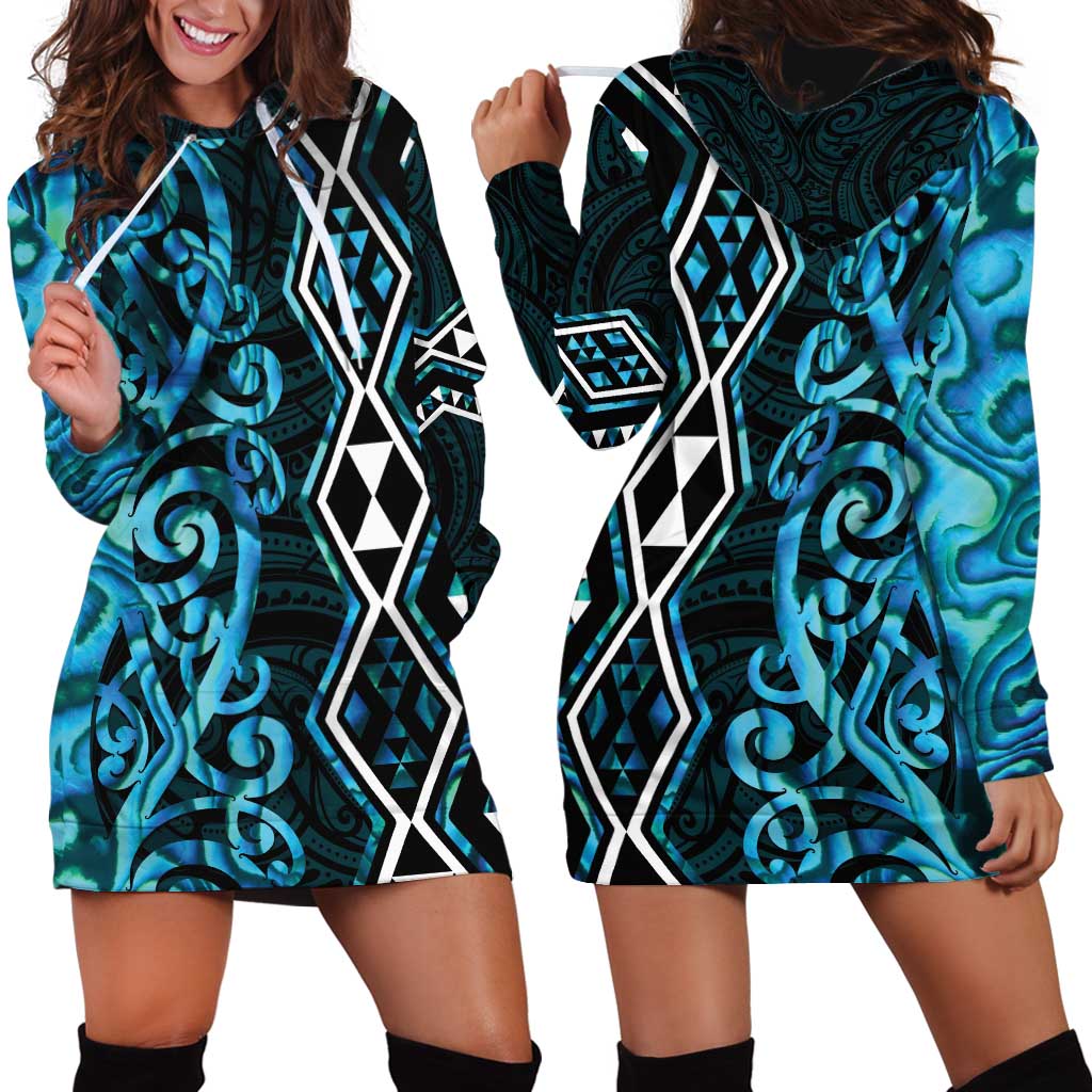 Turquoise Aotearoa Hoodie Dress Taniko Motifs With Paua Shell Kowhaiwhai - Vibe Hoodie Shop