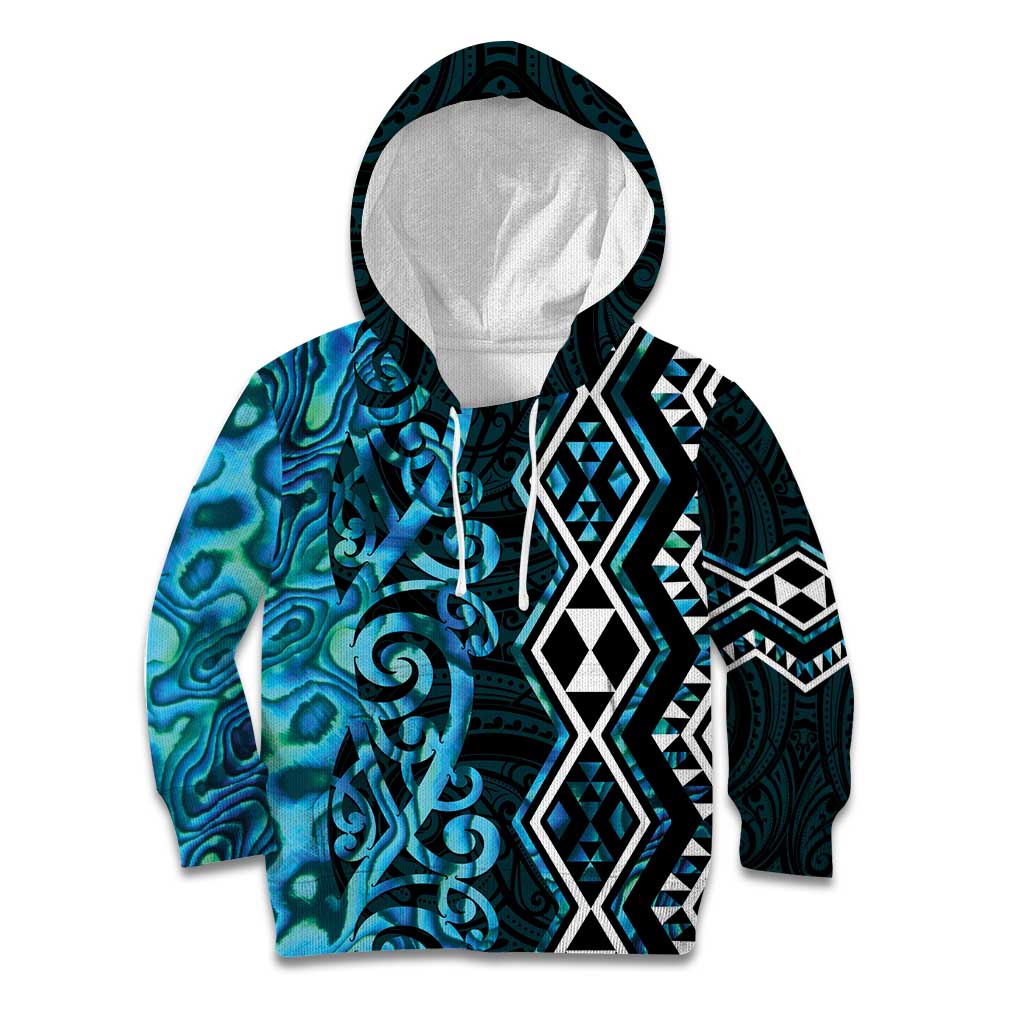 Turquoise Aotearoa Kid Hoodie Taniko Motifs With Paua Shell Kowhaiwhai - Vibe Hoodie Shop