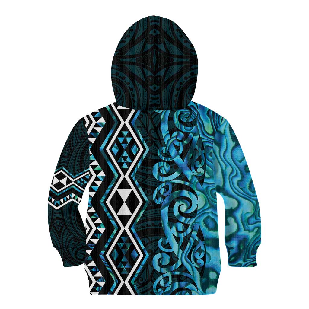 Turquoise Aotearoa Kid Hoodie Taniko Motifs With Paua Shell Kowhaiwhai - Vibe Hoodie Shop