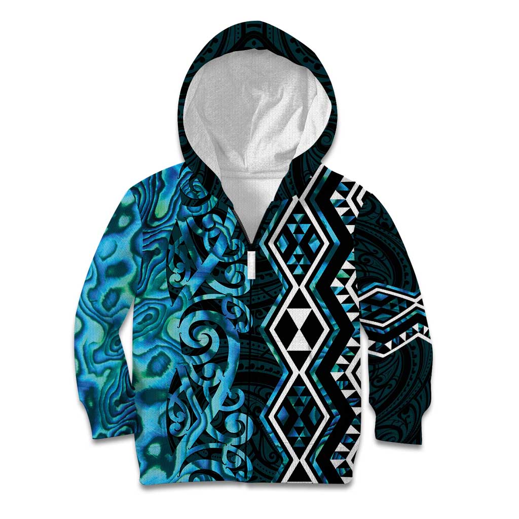 Turquoise Aotearoa Kid Hoodie Taniko Motifs With Paua Shell Kowhaiwhai - Vibe Hoodie Shop