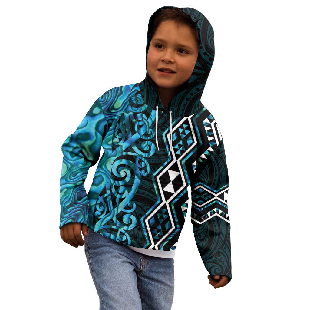 Turquoise Aotearoa Kid Hoodie Taniko Motifs With Paua Shell Kowhaiwhai - Vibe Hoodie Shop