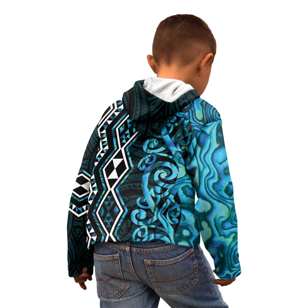 Turquoise Aotearoa Kid Hoodie Taniko Motifs With Paua Shell Kowhaiwhai - Vibe Hoodie Shop