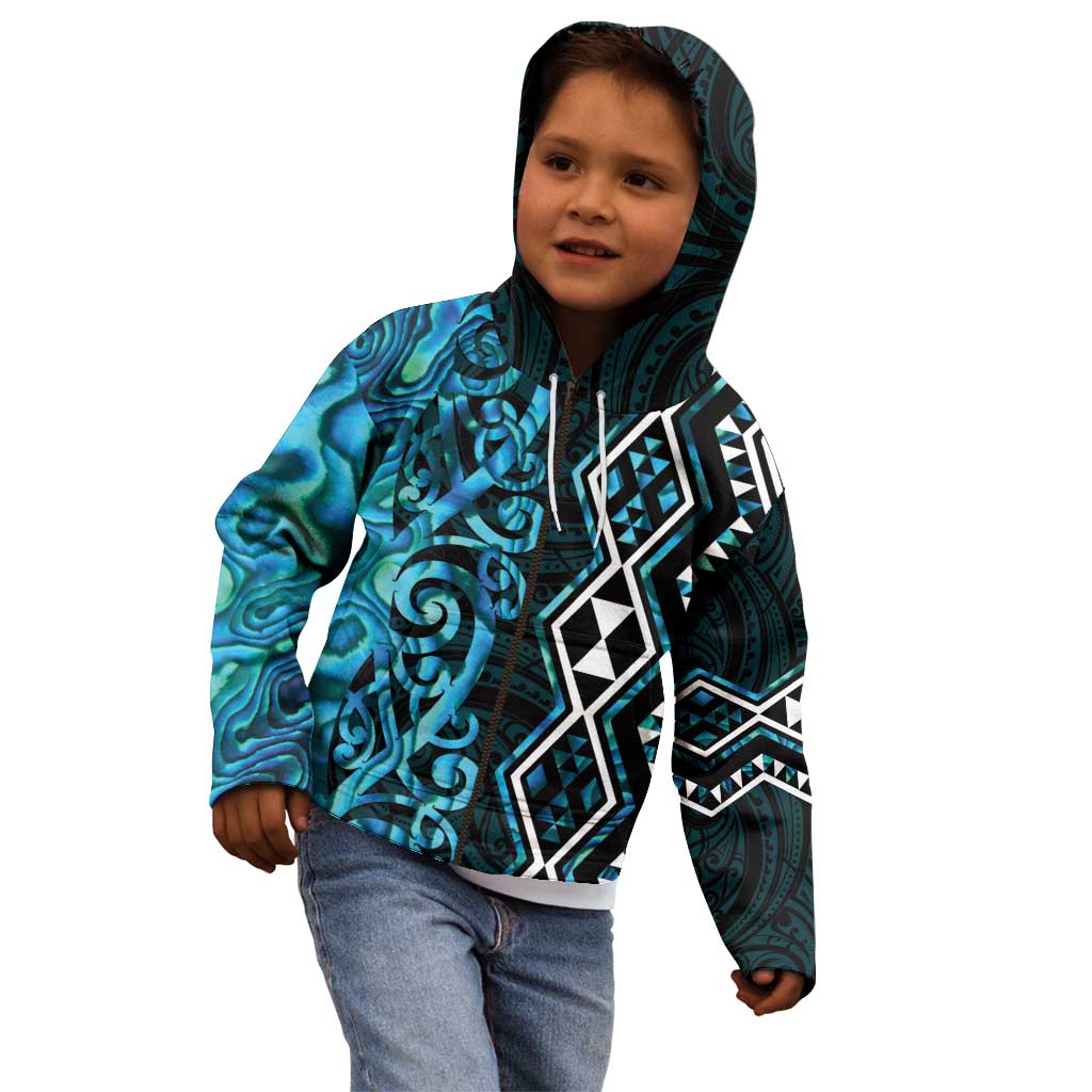 Turquoise Aotearoa Kid Hoodie Taniko Motifs With Paua Shell Kowhaiwhai - Vibe Hoodie Shop