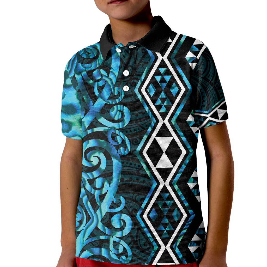 Turquoise Aotearoa Kid Polo Shirt Taniko Motifs With Paua Shell Kowhaiwhai - Vibe Hoodie Shop