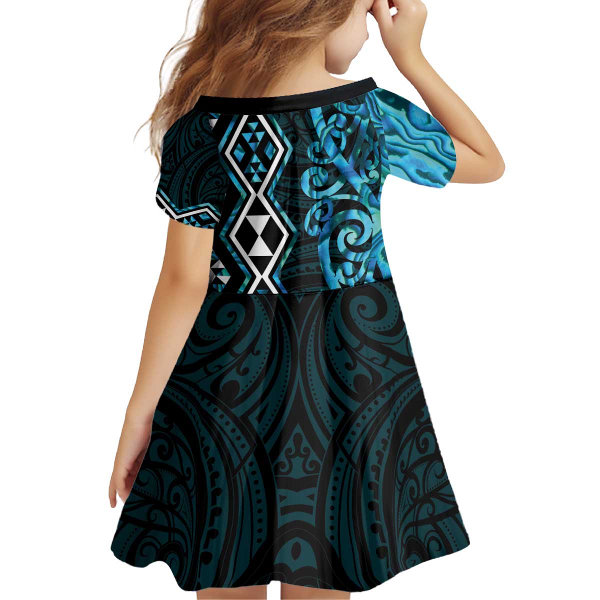 Turquoise Aotearoa Kid Short Sleeve Dress Taniko Motifs With Paua Shell Kowhaiwhai - Vibe Hoodie Shop