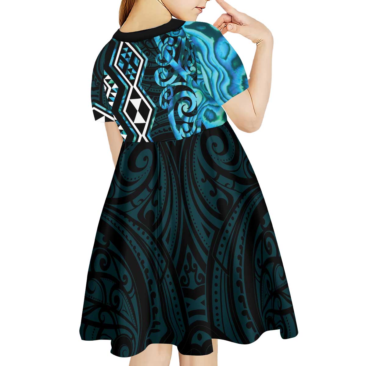 Turquoise Aotearoa Kid Short Sleeve Dress Taniko Motifs With Paua Shell Kowhaiwhai - Vibe Hoodie Shop