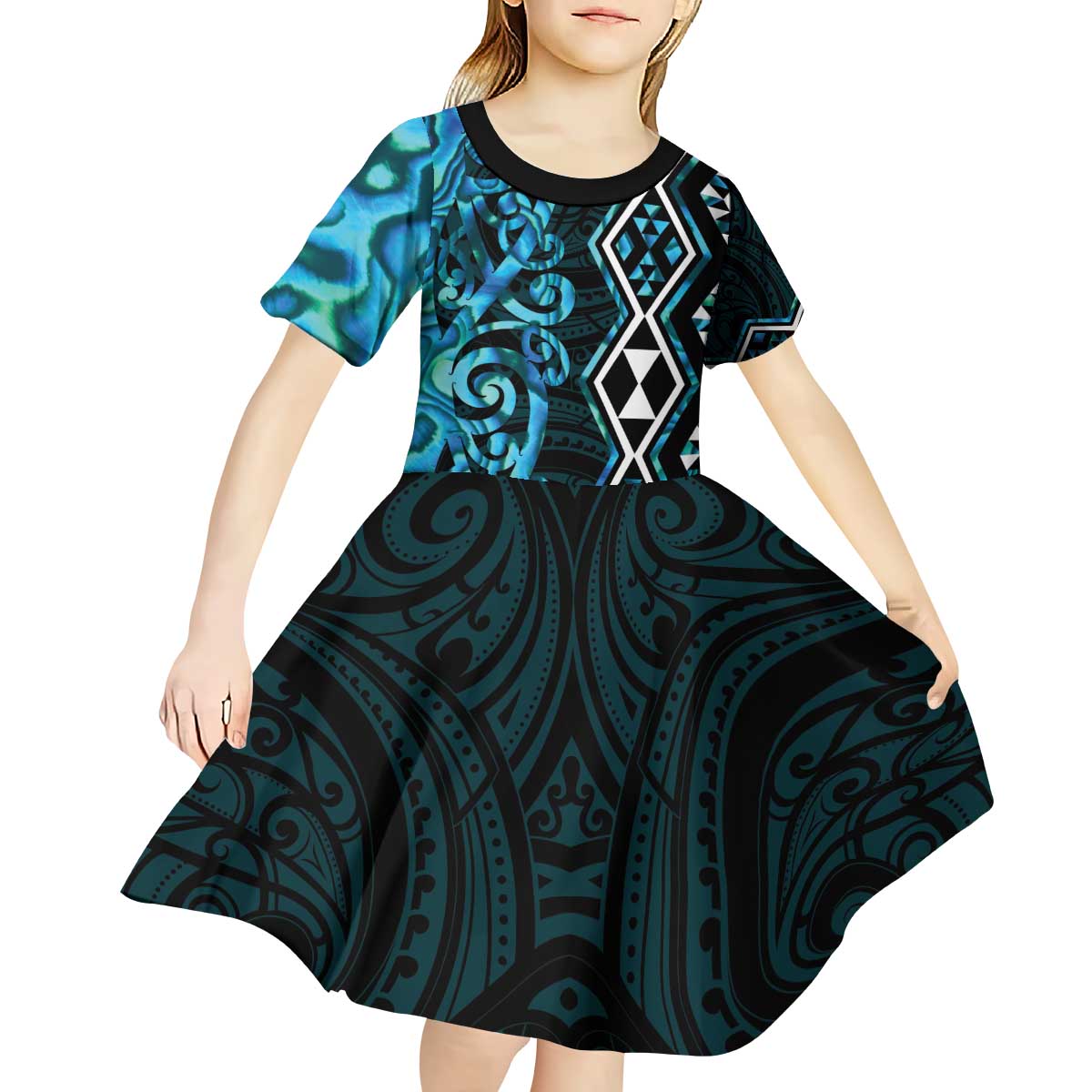 Turquoise Aotearoa Kid Short Sleeve Dress Taniko Motifs With Paua Shell Kowhaiwhai - Vibe Hoodie Shop