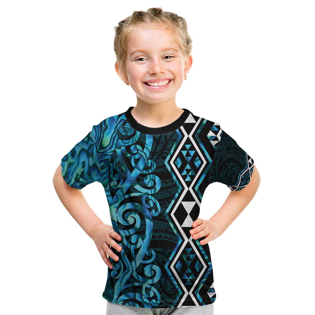 Turquoise Aotearoa Kid T Shirt Taniko Motifs With Paua Shell Kowhaiwhai - Vibe Hoodie Shop