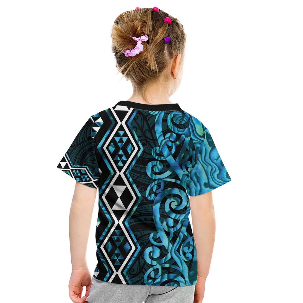 Turquoise Aotearoa Kid T Shirt Taniko Motifs With Paua Shell Kowhaiwhai - Vibe Hoodie Shop