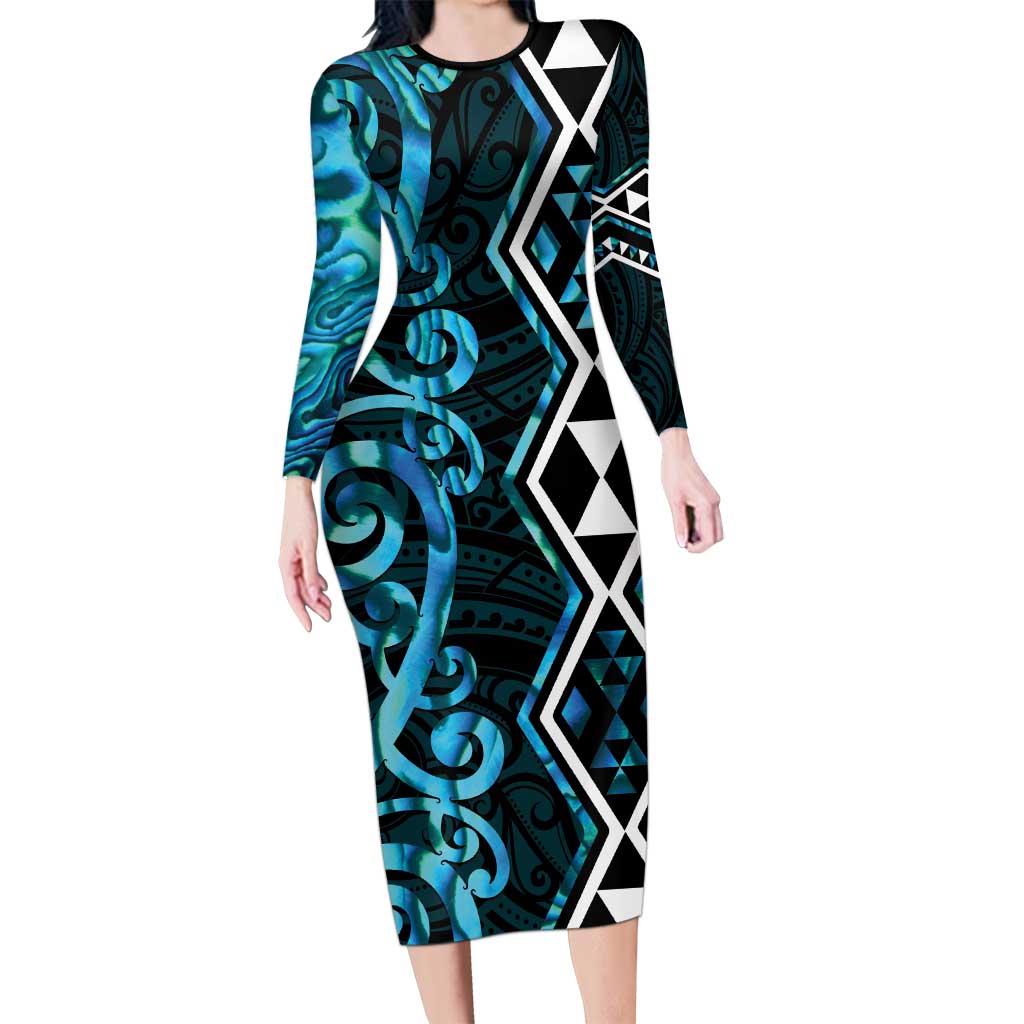 Turquoise Aotearoa Long Sleeve Bodycon Dress Taniko Motifs With Paua Shell Kowhaiwhai