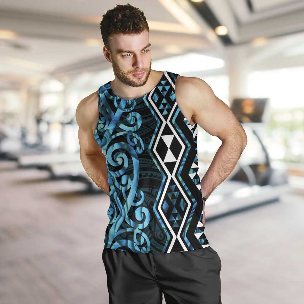 Turquoise Aotearoa Men Tank Top Taniko Motifs With Paua Shell Kowhaiwhai - Vibe Hoodie Shop