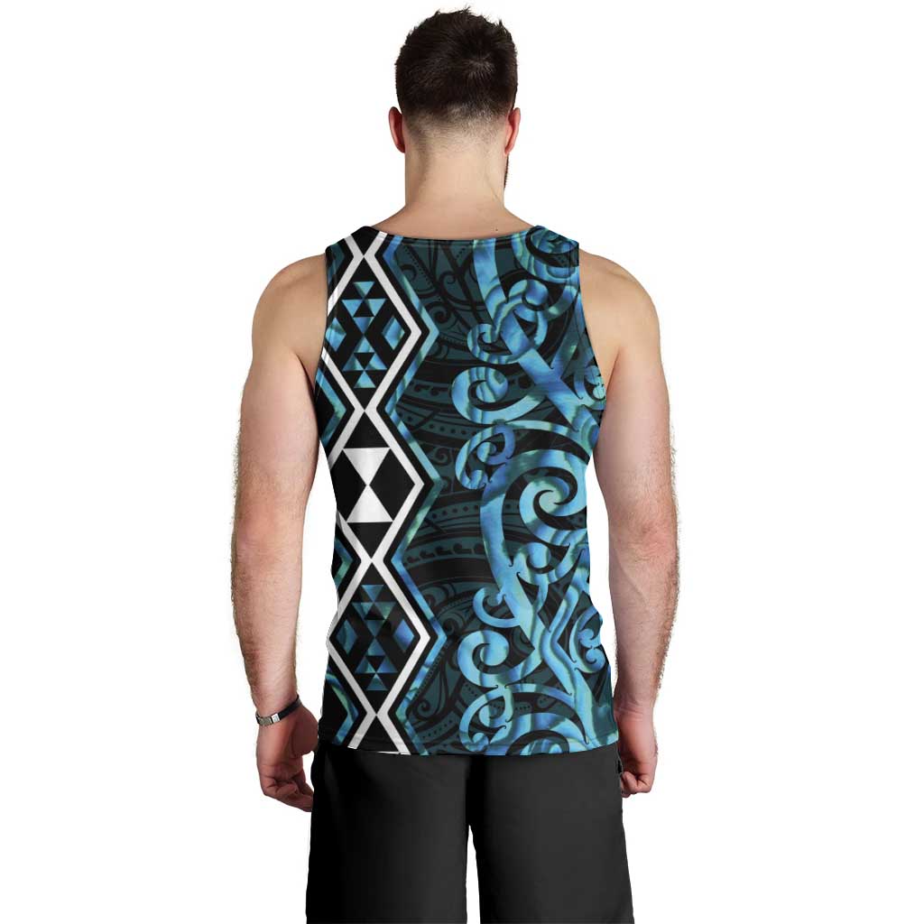 Turquoise Aotearoa Men Tank Top Taniko Motifs With Paua Shell Kowhaiwhai - Vibe Hoodie Shop