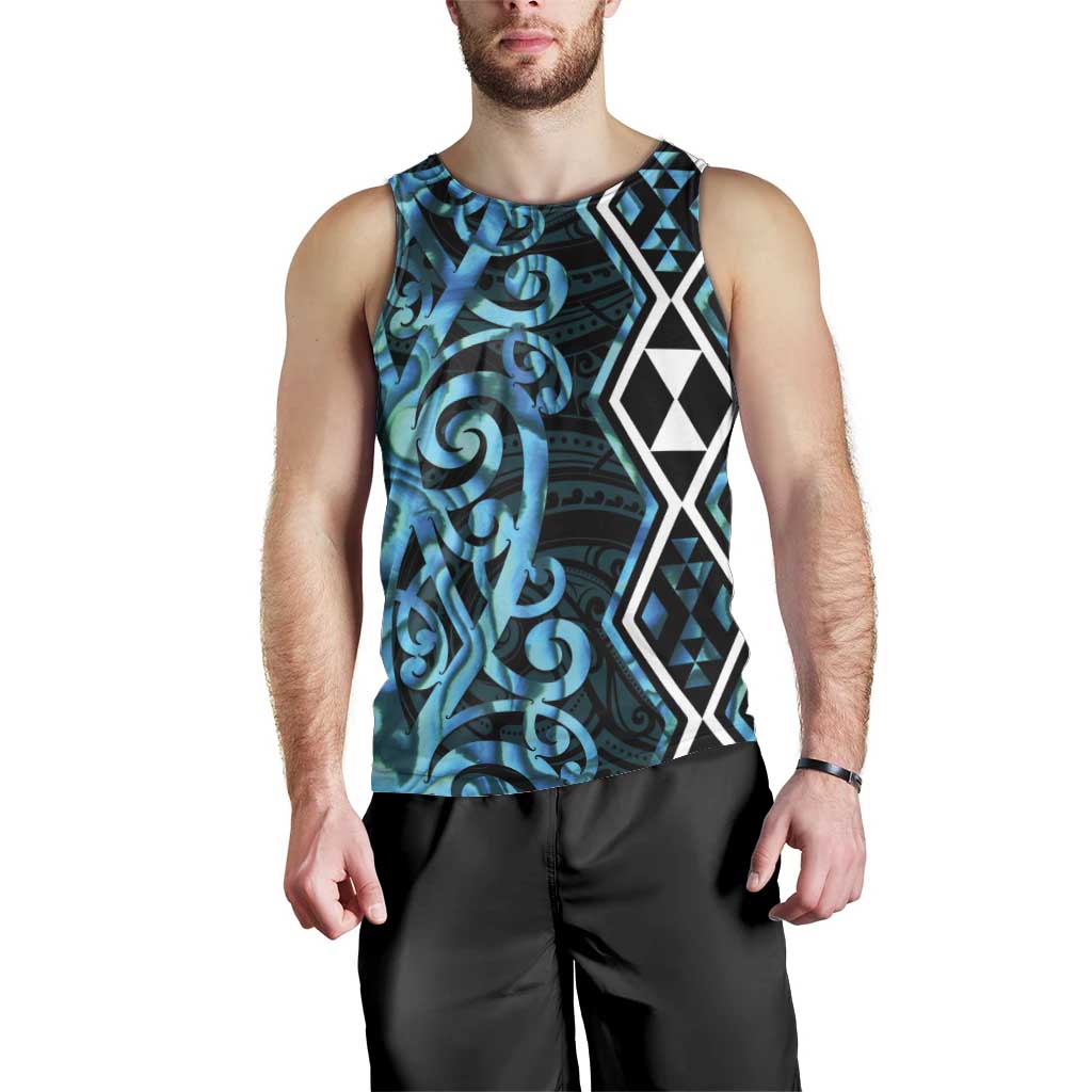 Turquoise Aotearoa Men Tank Top Taniko Motifs With Paua Shell Kowhaiwhai - Vibe Hoodie Shop