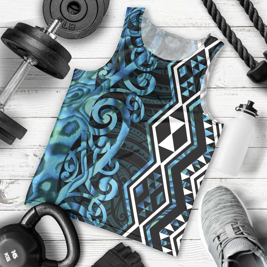 Turquoise Aotearoa Men Tank Top Taniko Motifs With Paua Shell Kowhaiwhai - Vibe Hoodie Shop