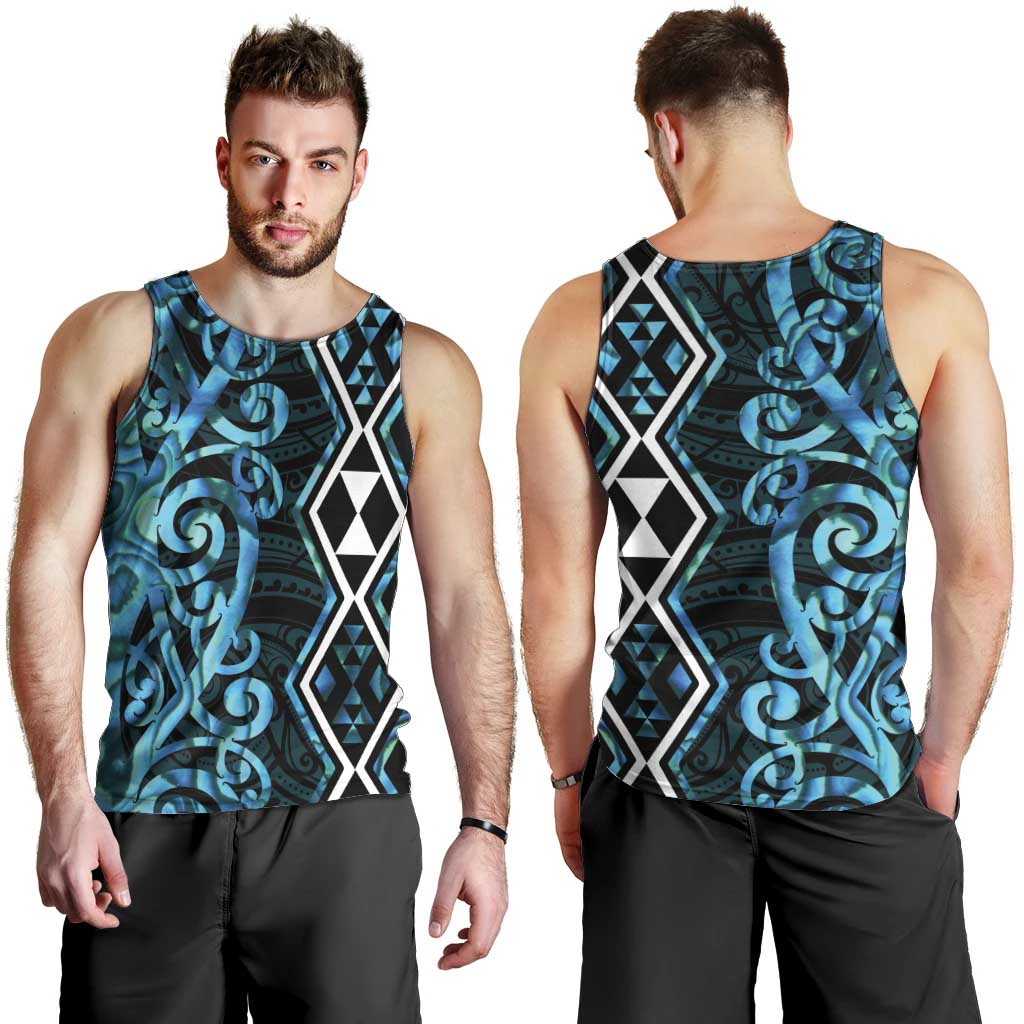 Turquoise Aotearoa Men Tank Top Taniko Motifs With Paua Shell Kowhaiwhai - Vibe Hoodie Shop