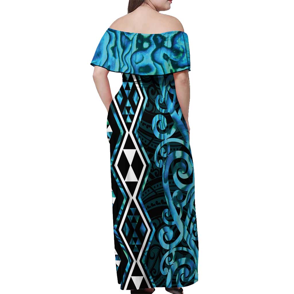 Turquoise Aotearoa Off Shoulder Maxi Dress Taniko Motifs With Paua Shell Kowhaiwhai