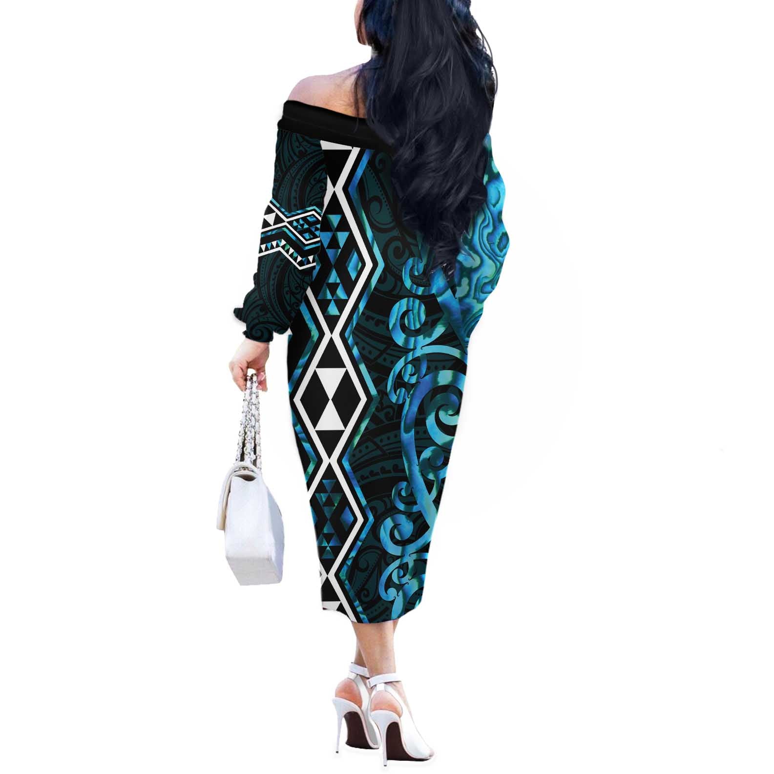 Turquoise Aotearoa Off The Shoulder Long Sleeve Dress Taniko Motifs With Paua Shell Kowhaiwhai