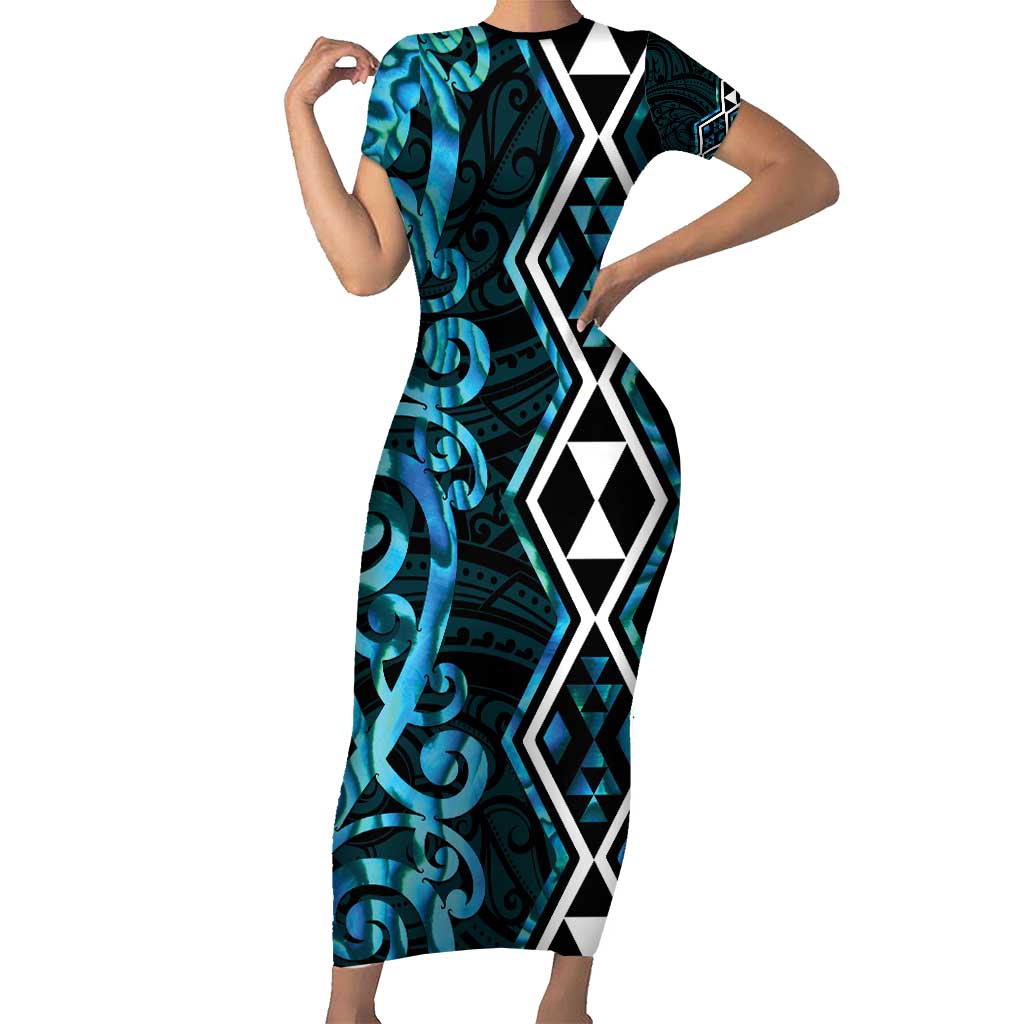 Turquoise Aotearoa Short Sleeve Bodycon Dress Taniko Motifs With Paua Shell Kowhaiwhai