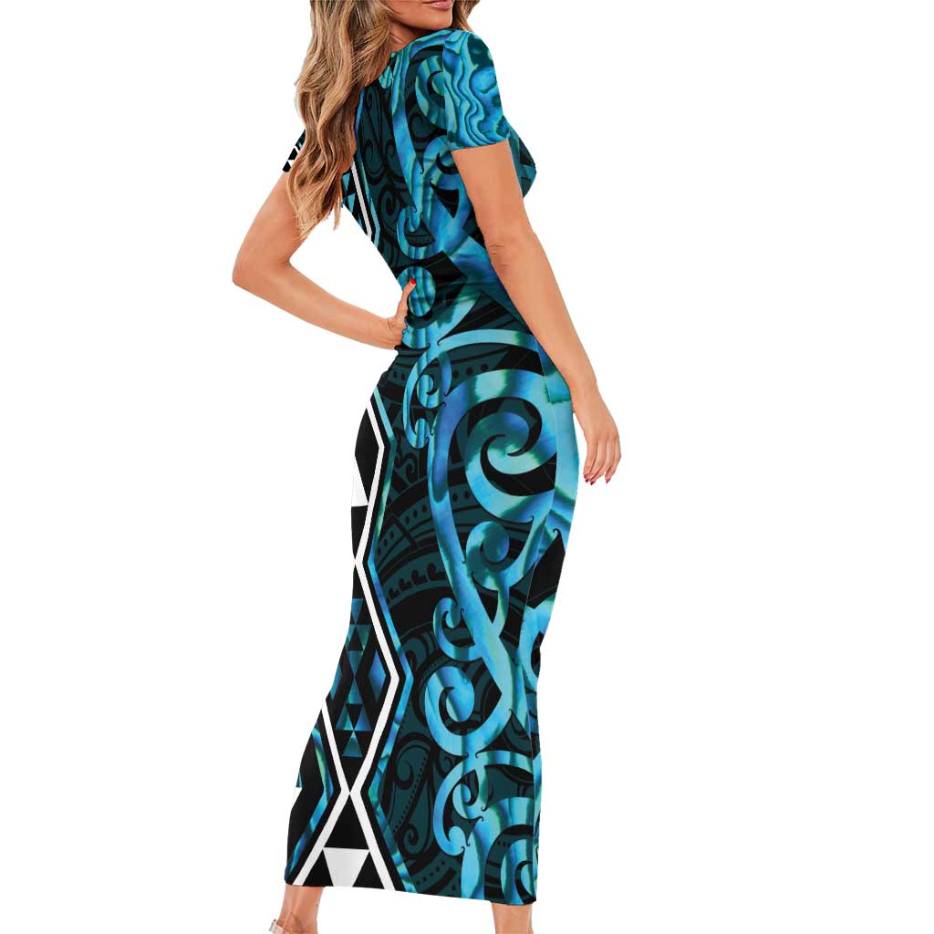 Turquoise Aotearoa Short Sleeve Bodycon Dress Taniko Motifs With Paua Shell Kowhaiwhai