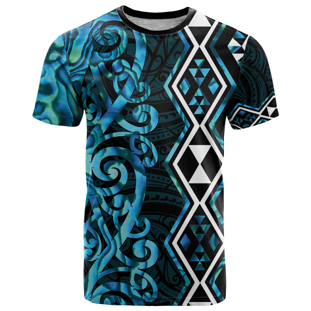 Turquoise Aotearoa T Shirt Taniko Motifs With Paua Shell Kowhaiwhai - Vibe Hoodie Shop