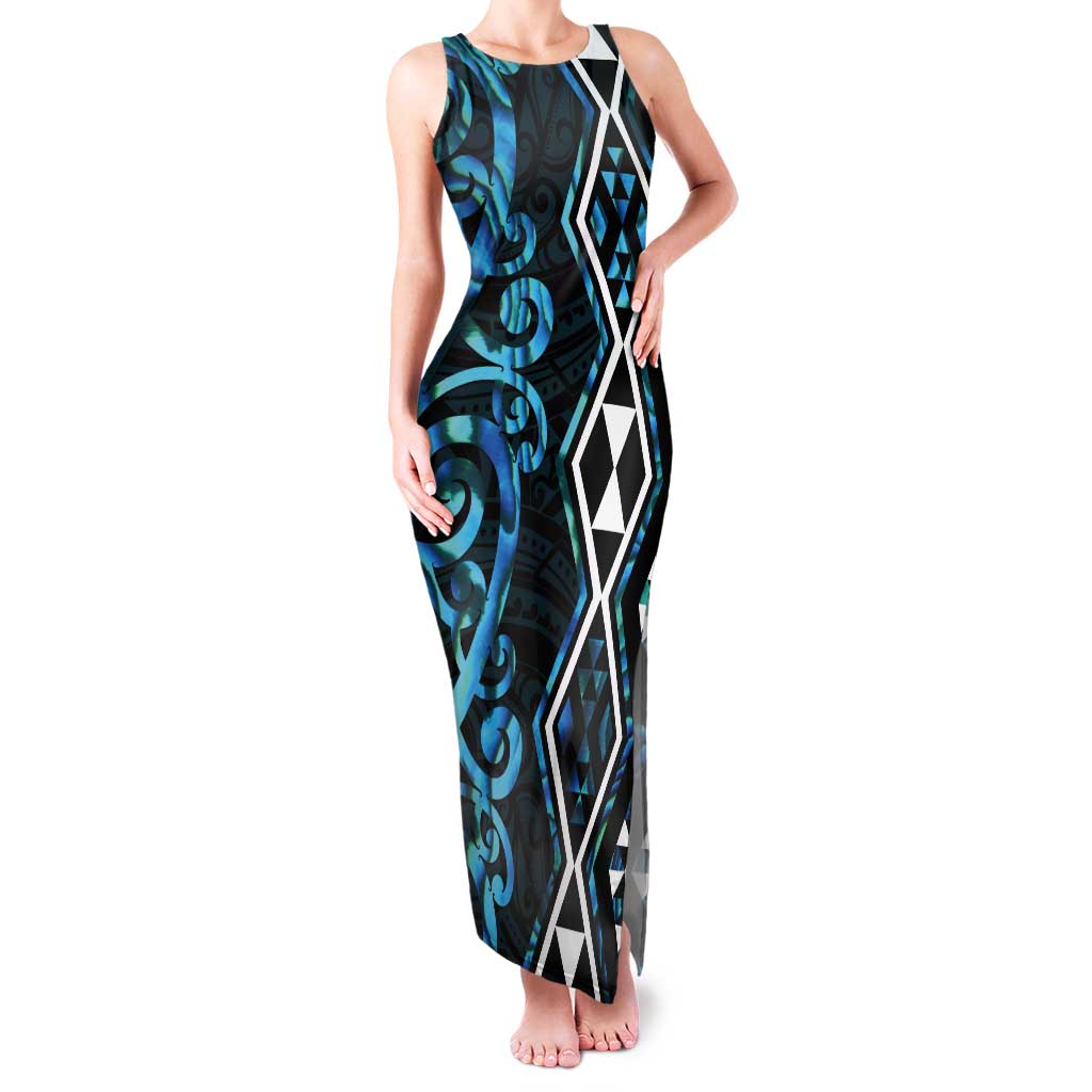 Turquoise Aotearoa Tank Maxi Dress Taniko Motifs With Paua Shell Kowhaiwhai