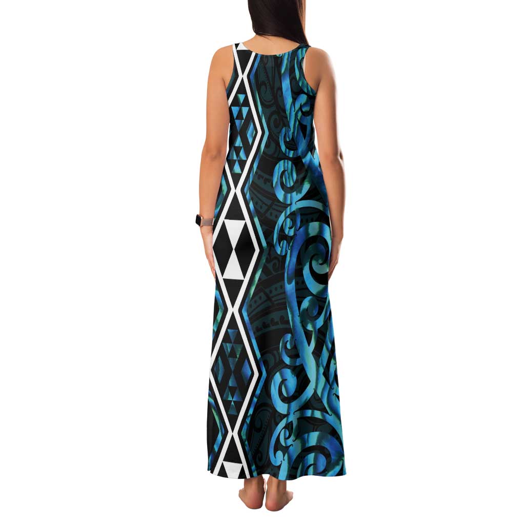 Turquoise Aotearoa Tank Maxi Dress Taniko Motifs With Paua Shell Kowhaiwhai