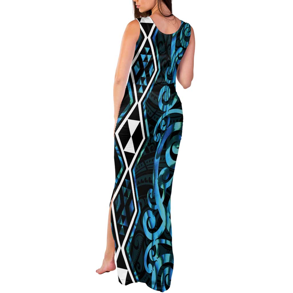 Turquoise Aotearoa Tank Maxi Dress Taniko Motifs With Paua Shell Kowhaiwhai