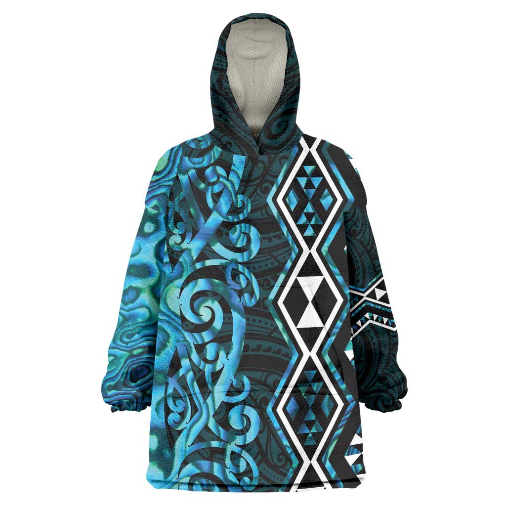 Turquoise Aotearoa Wearable Blanket Hoodie Taniko Motifs With Paua Shell Kowhaiwhai - Vibe Hoodie Shop