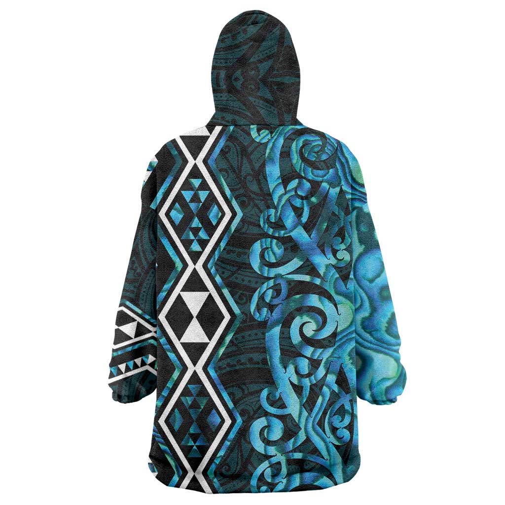 Turquoise Aotearoa Wearable Blanket Hoodie Taniko Motifs With Paua Shell Kowhaiwhai - Vibe Hoodie Shop