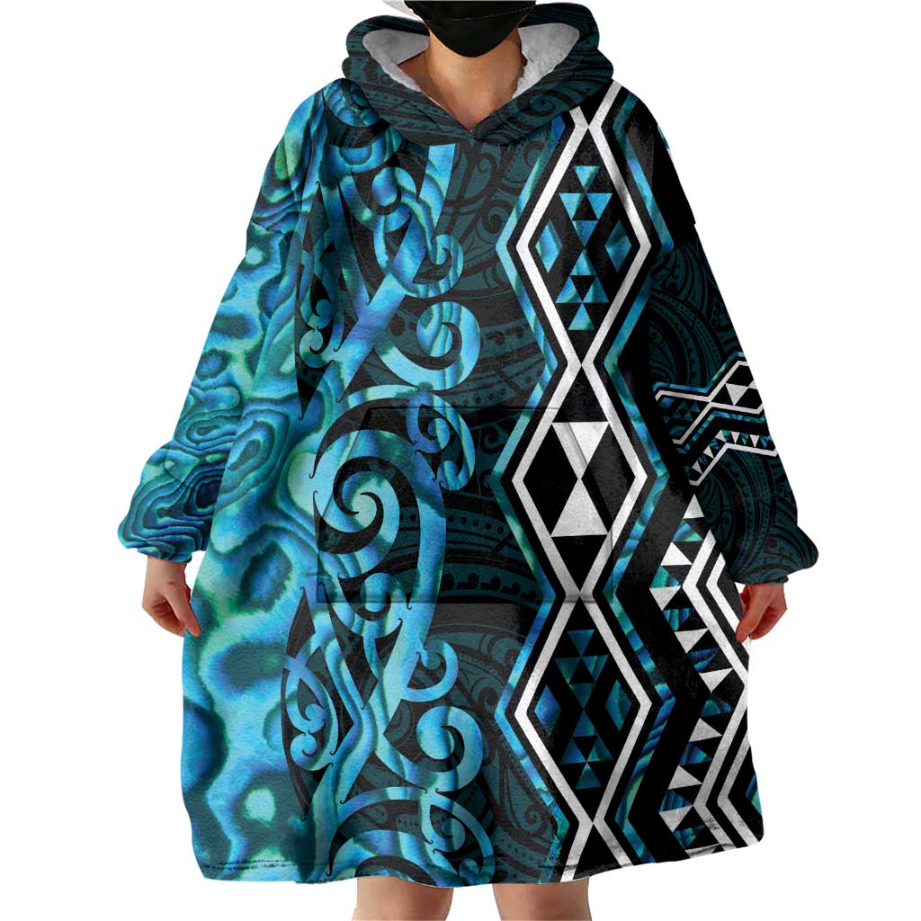 Turquoise Aotearoa Wearable Blanket Hoodie Taniko Motifs With Paua Shell Kowhaiwhai - Vibe Hoodie Shop